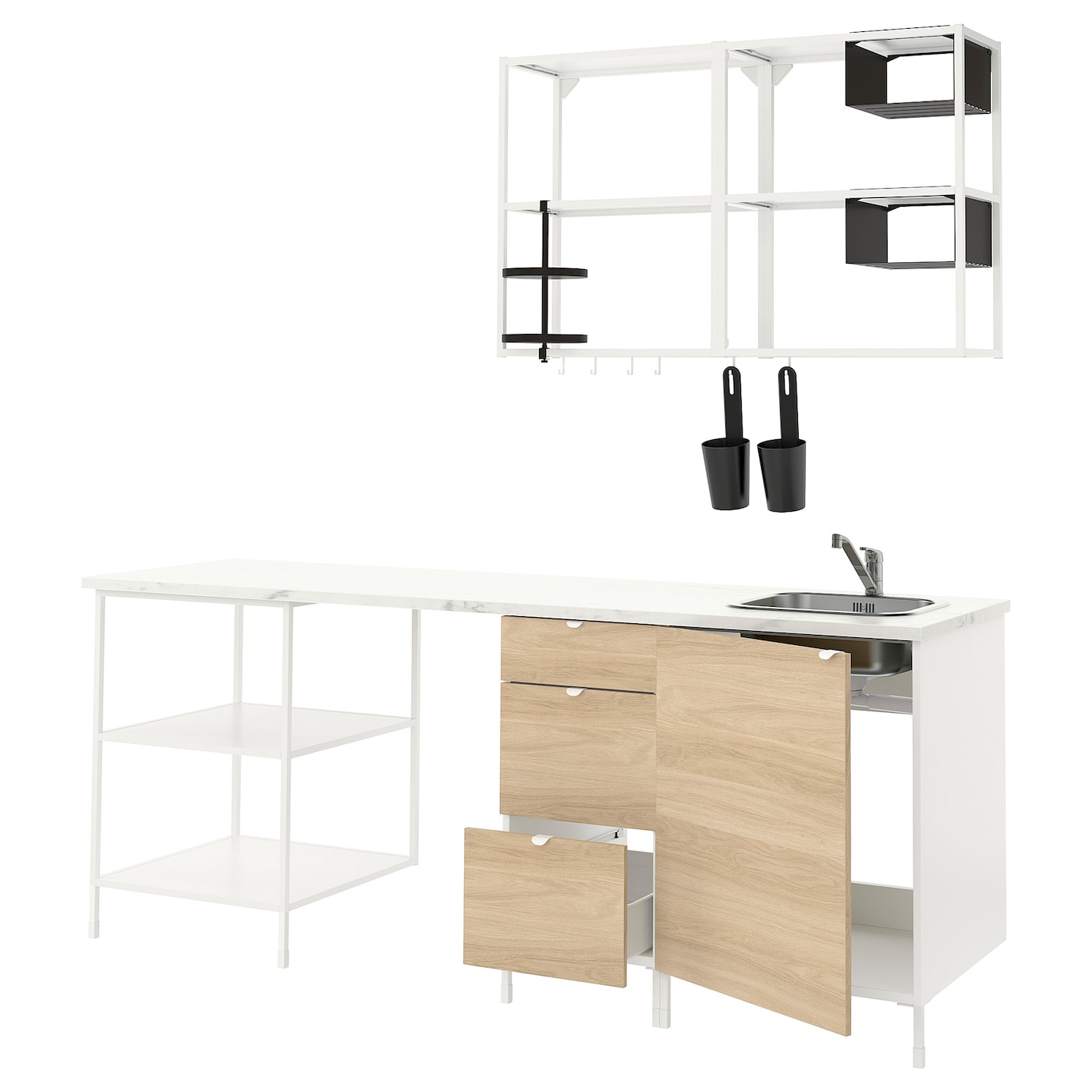 IKEA ENHET kuchnia, biały/imit. dębu, 223x63.5x222 cm