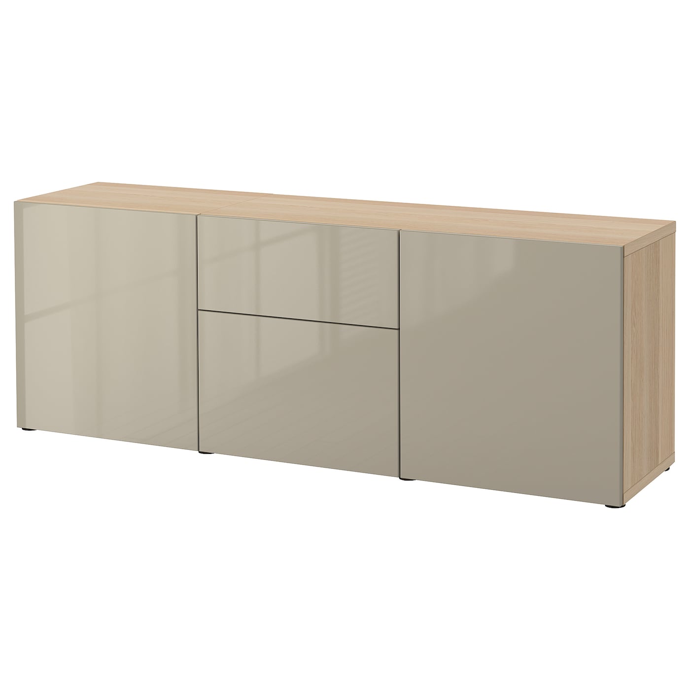 IKEA BESTÅ kombinacja z szufladami, imitacja dębu bejcowanego na biało/Selsviken wysoki połysk beż, 180x42x65 cm