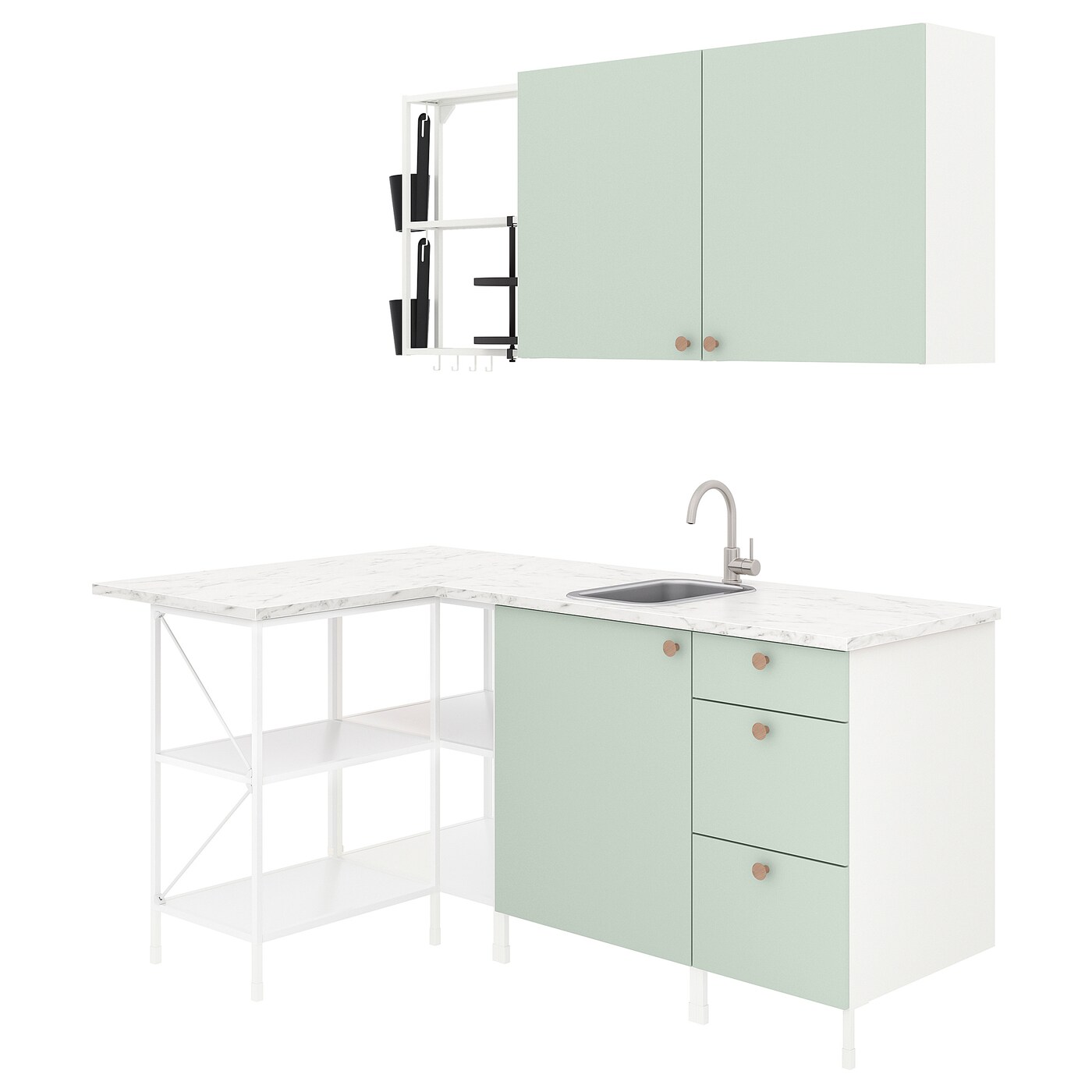 IKEA ENHET kuchnia narożna, biały/blady szarozielony, Wysokość szafka wisząca: 75 cm