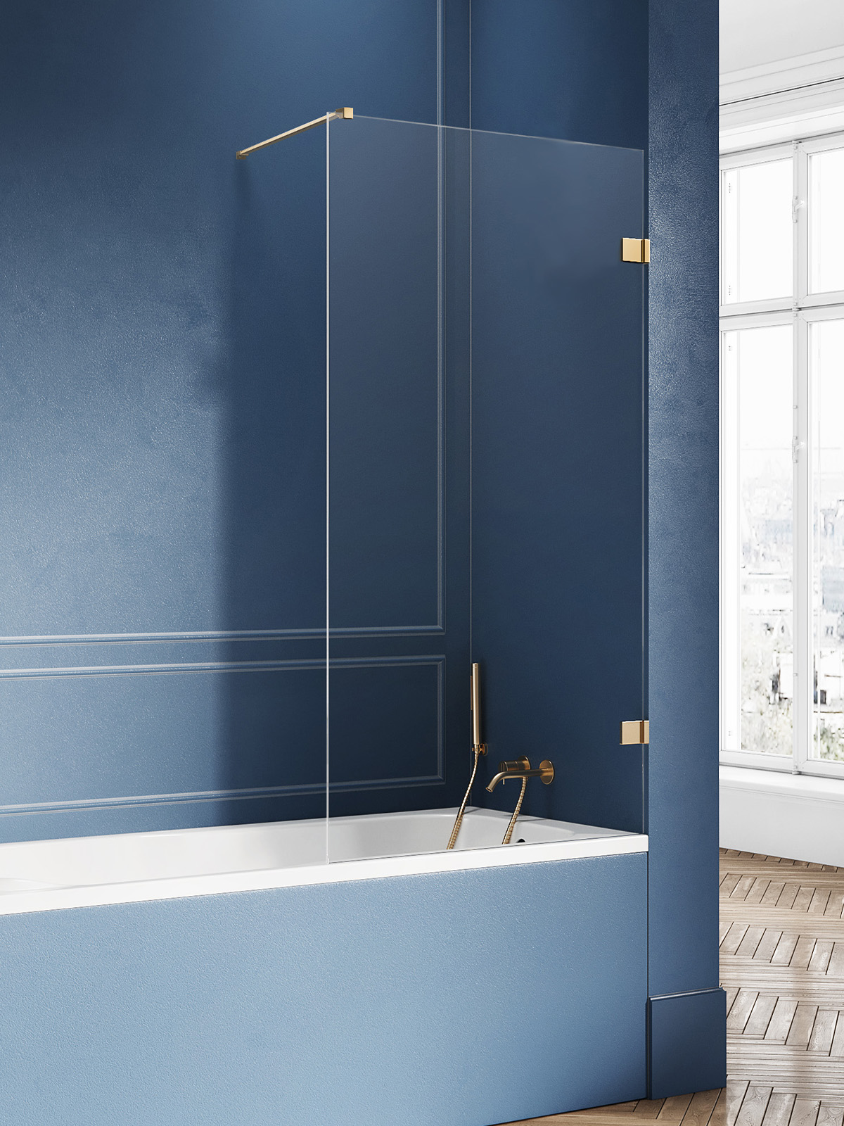 Darmowa Dostawa - Parawan nawannowy 90 cm 1-częściowy złoty szczotkowany/szkło przezroczyste New Trendy Avexa Gold Brushed EXK2008WP