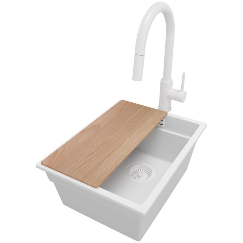 Zlewozmywak Granitowy Praga Slim PRIMAGRAN Nablatowy 36x47cm do szafki od 40cm z Syfonem i Baterią i Dodatkiem Cały Biały 1 szt.