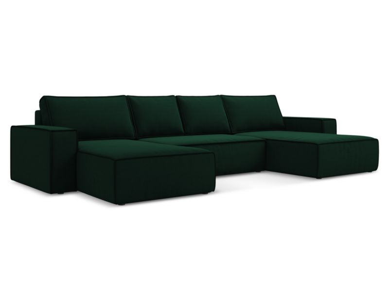 Sofa panoramiczna z funkcją spania Makamii Kimo z weluru 398x185 cm butelkowa zieleń 1 szt.