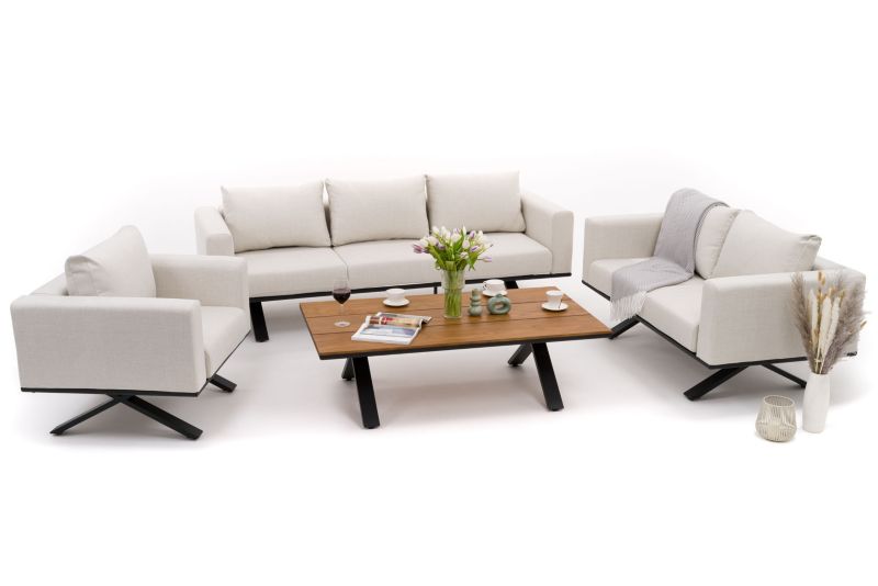 Zestaw mebli ogrodowych fotel sofa kanapa New Home MARABELLA beżowo drewniany aluminiowy z blatem z naturalnego drewna 1 kpl