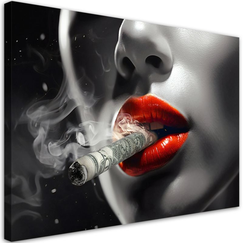Obraz do salonu sypialni nowoczesny Feeby Kobieta Czerwone Usta Dolary 100x70cm 1szt