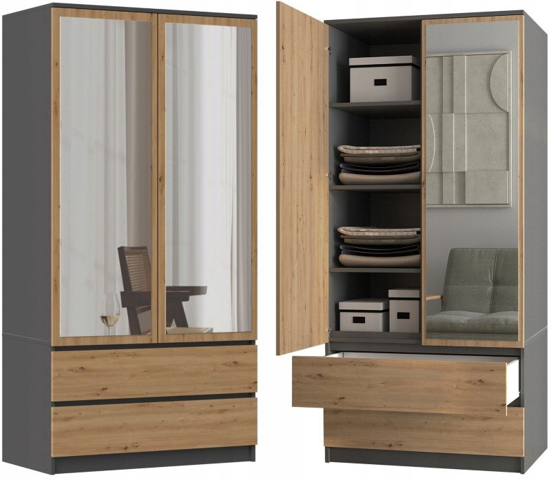 Szafa Topeshop SS-90 Z Lustrem Garderoba Antracyt Dąb Artisan 50x90x180 cm 1 szt.