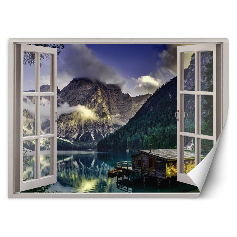 Fototapeta Feeby Okno widok na jezioro domek w górach 140x100 1 szt
