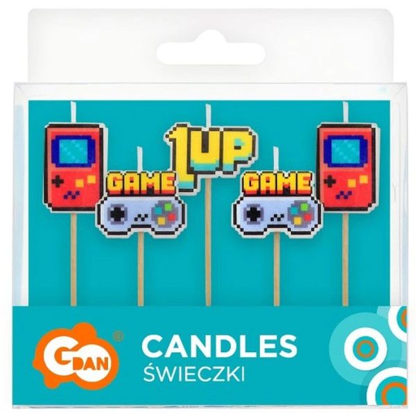 Świeczki na tort pikery urodzinowe Game On, 5 sztuk