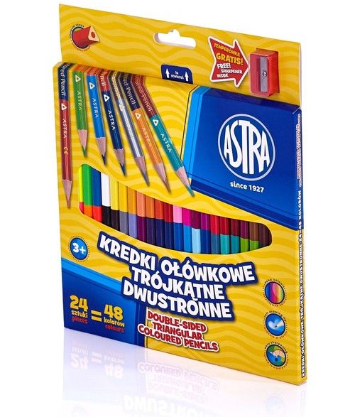 KREDKI OŁÓWKOWE TRÓJKĄTNE, DWUSTRONNE+ TEMPERÓWKA 24SZTUKI/48KOLORÓW