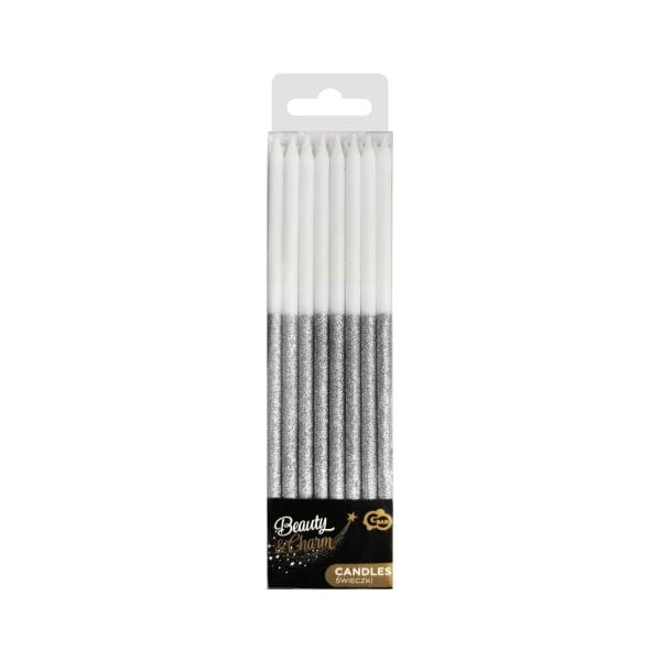 Świeczki B&C brokatowe, srebrne, 14.5x0.6 cm, 16 sztuk