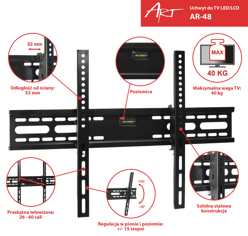 ART Uchwyt TV 26"-60" 40kg AR48 regulacja pion - Henryx24