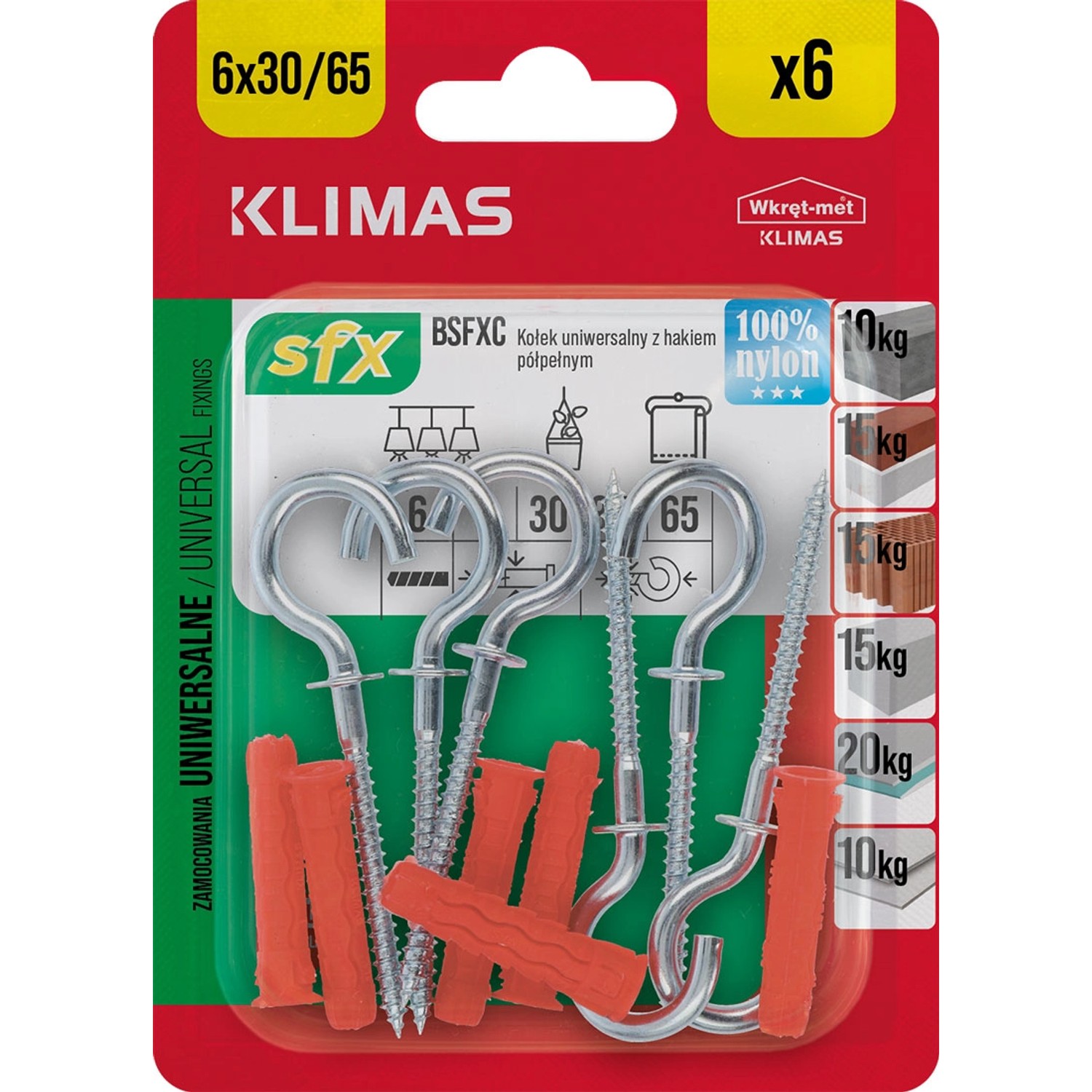 Wkręt-met Kołek SFX uniwersalny 6x30mm z hakiem zamkniętym 6szt