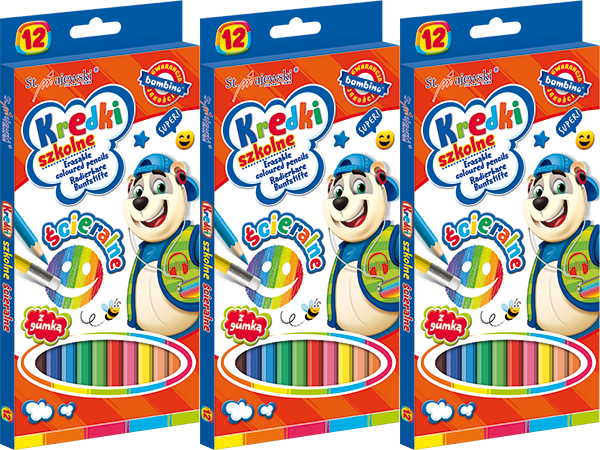 3x Kredki Bambino Zwierzaki Uczniaki, ścieralne, 12 sztuk, mix kolorów