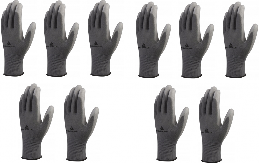 10x Rękawice robocze Delta Plus VE702GR, powlekane, rozmiar 6, szary
