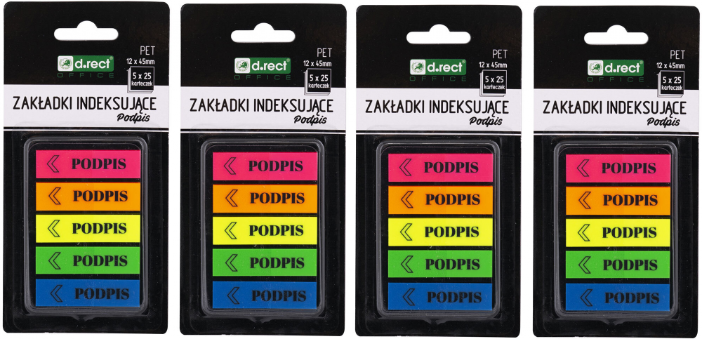 4x zakładki samoprzylepne D.Rect, z nadrukiem "podpis", indeksujące, folia PET, 12x45mm, 5x25 sztuk, mix kolorów neonowych