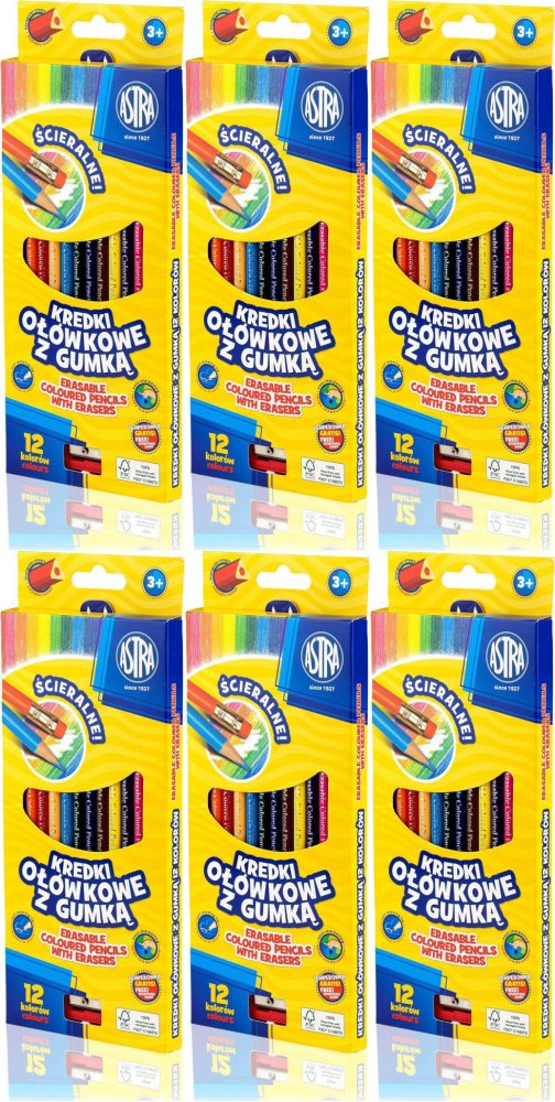 6x Kredki ołówkowe ścieralne Astra, trójkątne, z gumką, 12 sztuk + temperówka, mix kolorów