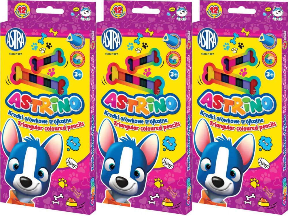 3x Kredki ołówkowe Astra Astrino, trójkątne, 12 sztuk, mix kolorów