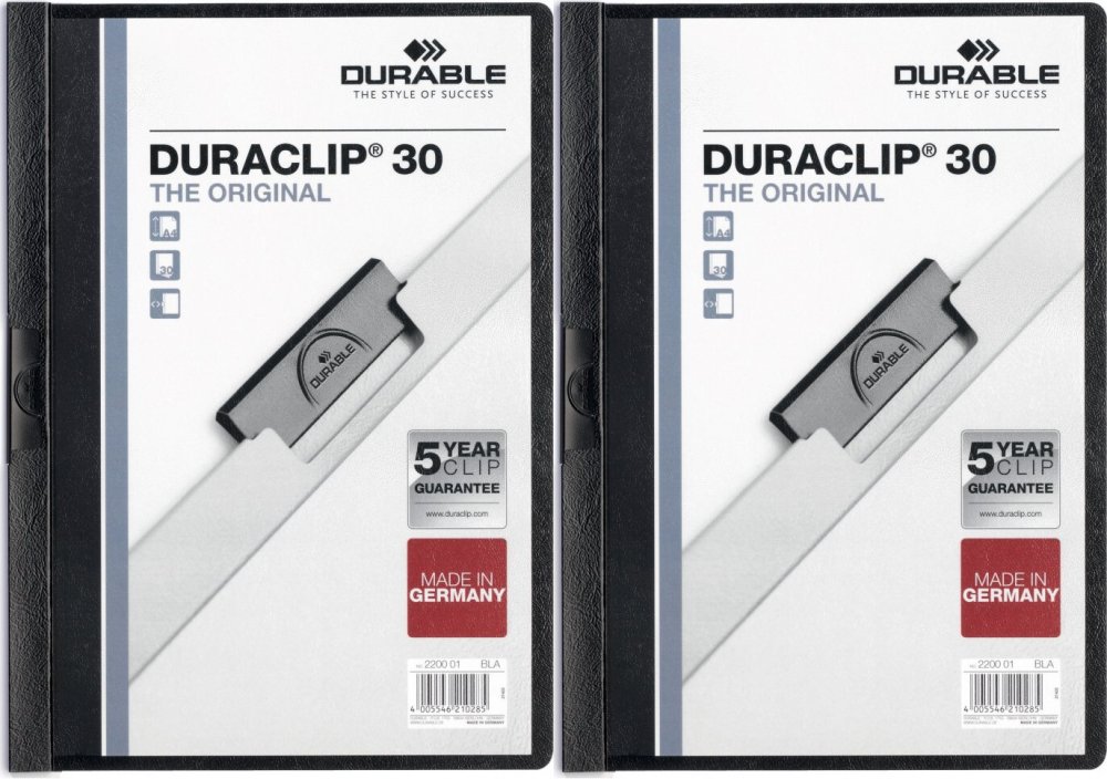 2x Skoroszyt zaciskowy Durable DuraClip, A4, plastikowy, do 30 kartek, czarny