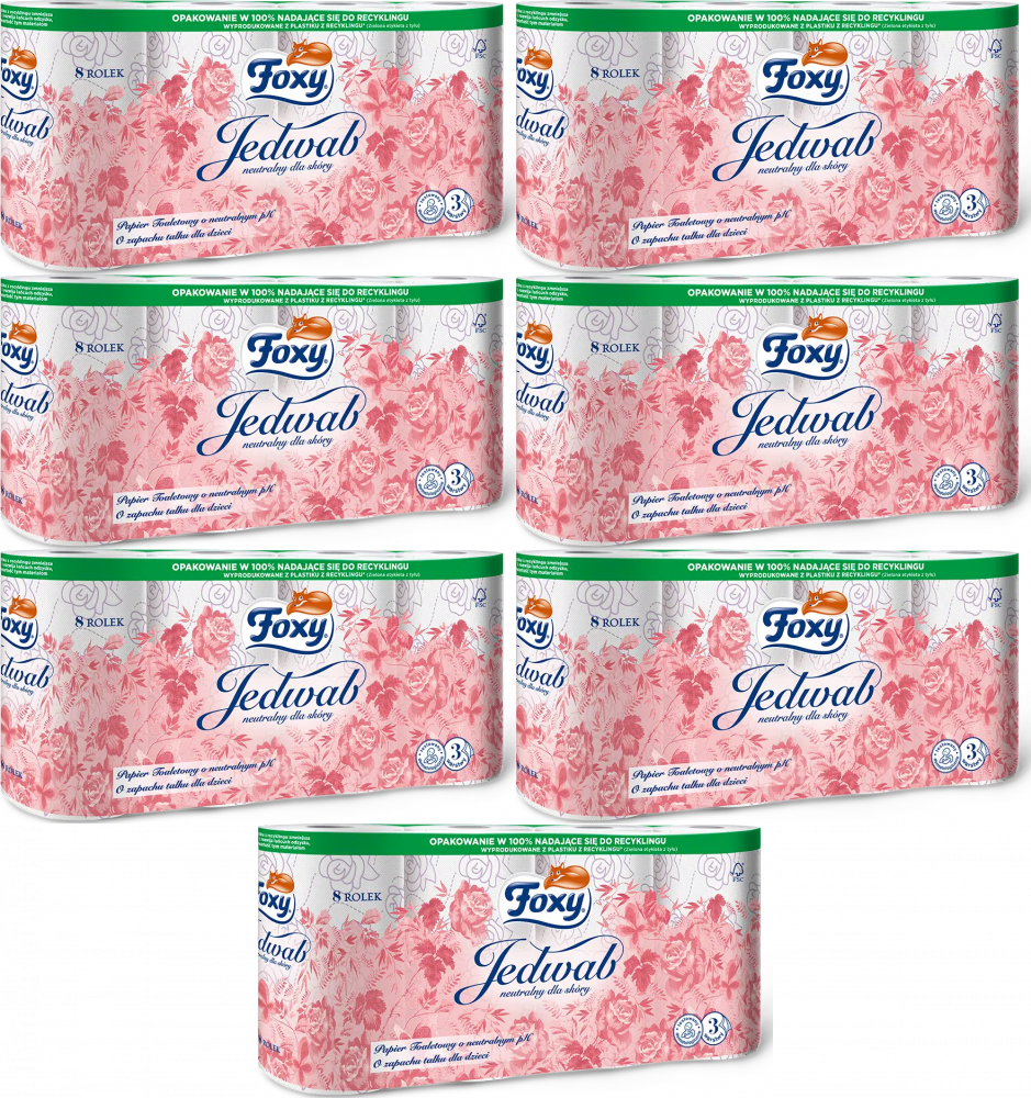 7x Papier toaletowy Foxy Jedwab, 3-warstwowy, 8 rolek, biały