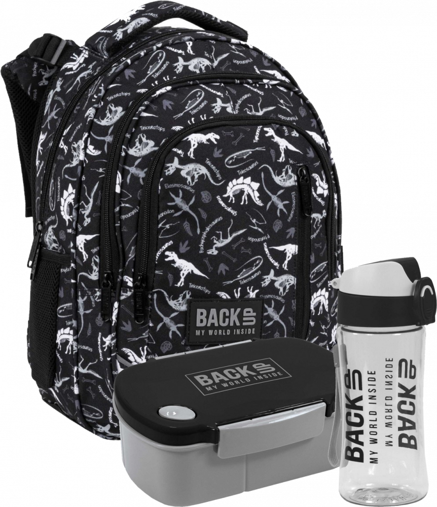 Zestaw: Plecak szkolny BackUP 4 model R 114 + Bidon BackUP 6, model A 56 + Lunchbox BackUP 5, bez BPA, 3 komory, czarno-szary