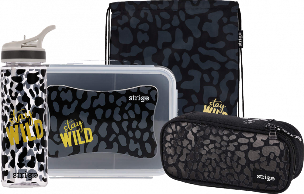 Zestaw: Piórnik 1-komorowy Strigo Stay Wild, bez wyposażenia + Worek na buty + Lunchbox + Bidon Strigo