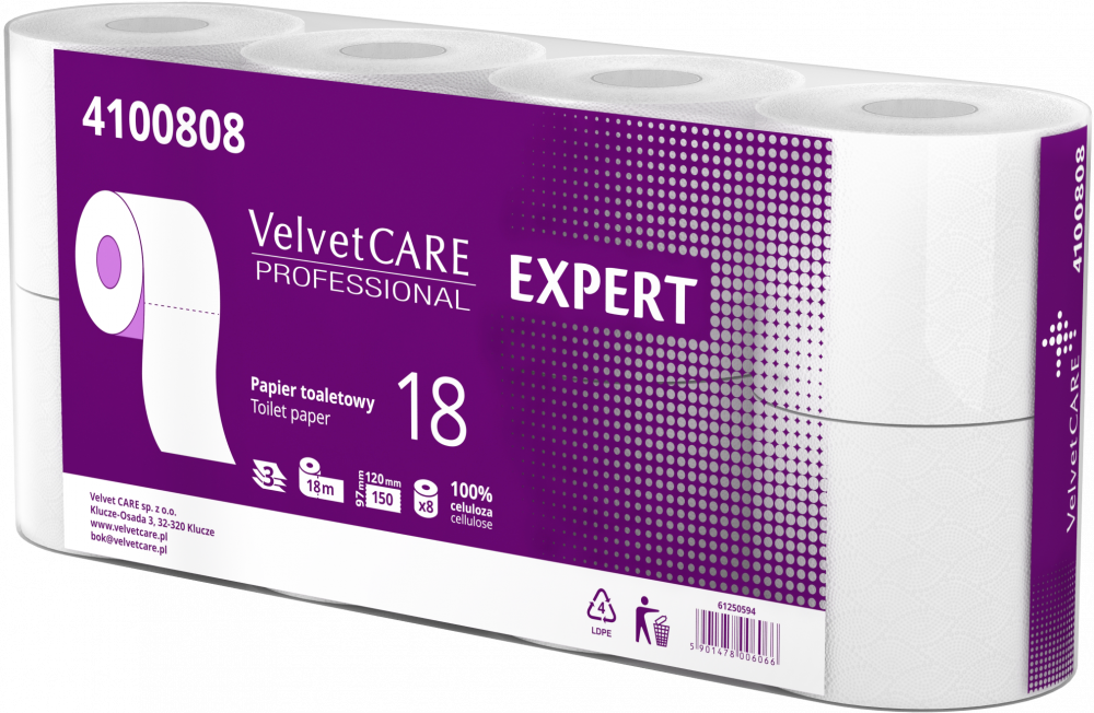 Papier toaletowy VelvetCARE Professional, 3-warstwowy, 18m, 8 rolek, biały