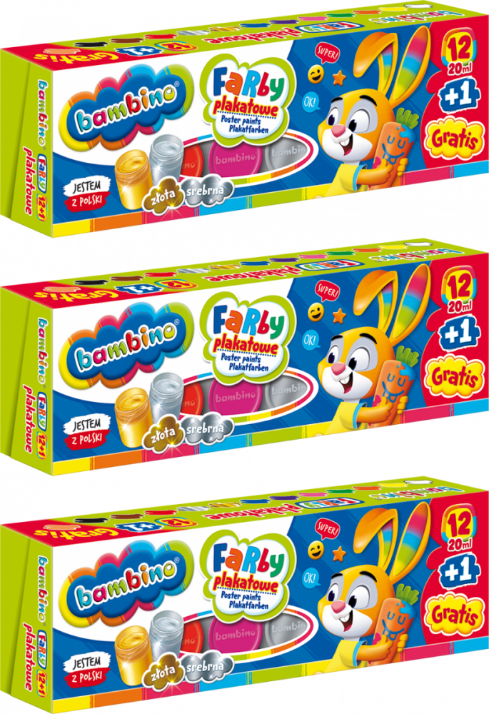 3x Farby plakatowe Bambino Zwierzaki Uczniaki, 20ml, 12 sztuk + cielista Gratis, mix kolorów