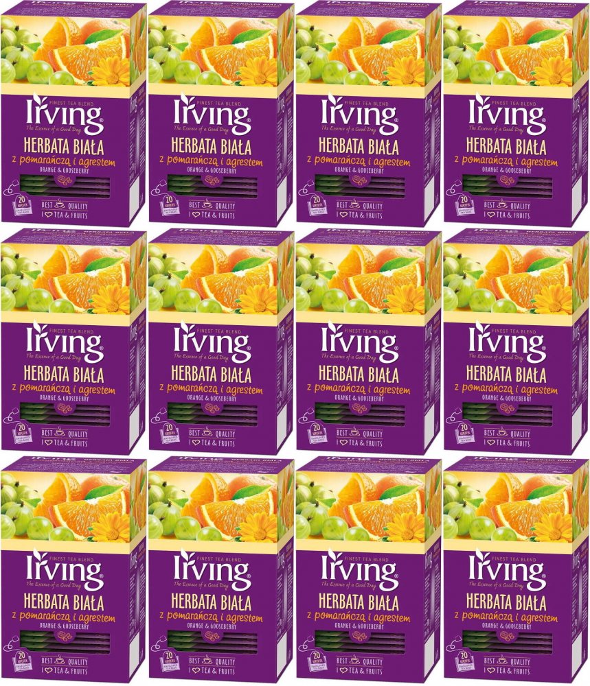 12x Herbata biała smakowa w kopertach Irving, pomarańcza z agrestem, 20 sztuk x 1.5g