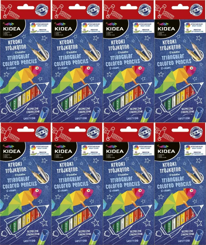 8x Kredki ołówkowe Kidea, trójkątne, 12 sztuk, mix kolorów