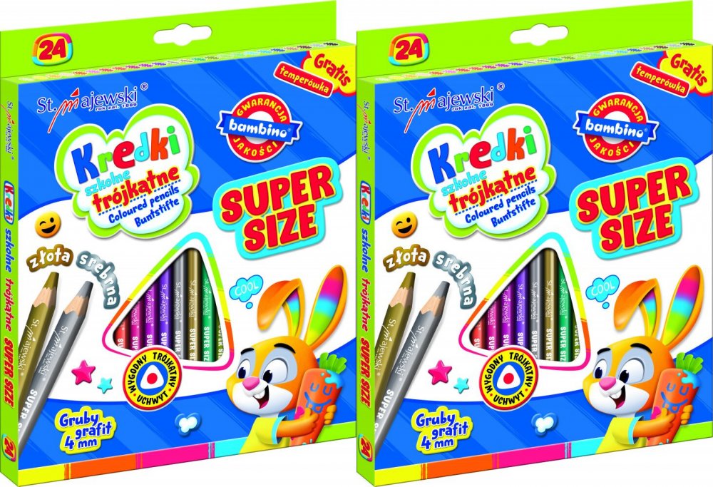 2x Kredki Bambino Super Size Zwierzaki Uczniaki, trójkątne, 24 sztuki + temperówka, mix kolorów