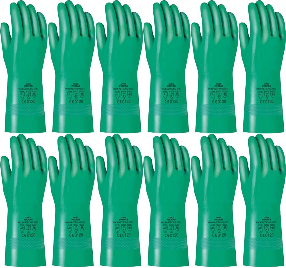 12x Rękawice robocze Uvex Profastrong, chemoodporne, rozmiar 10, zielony
