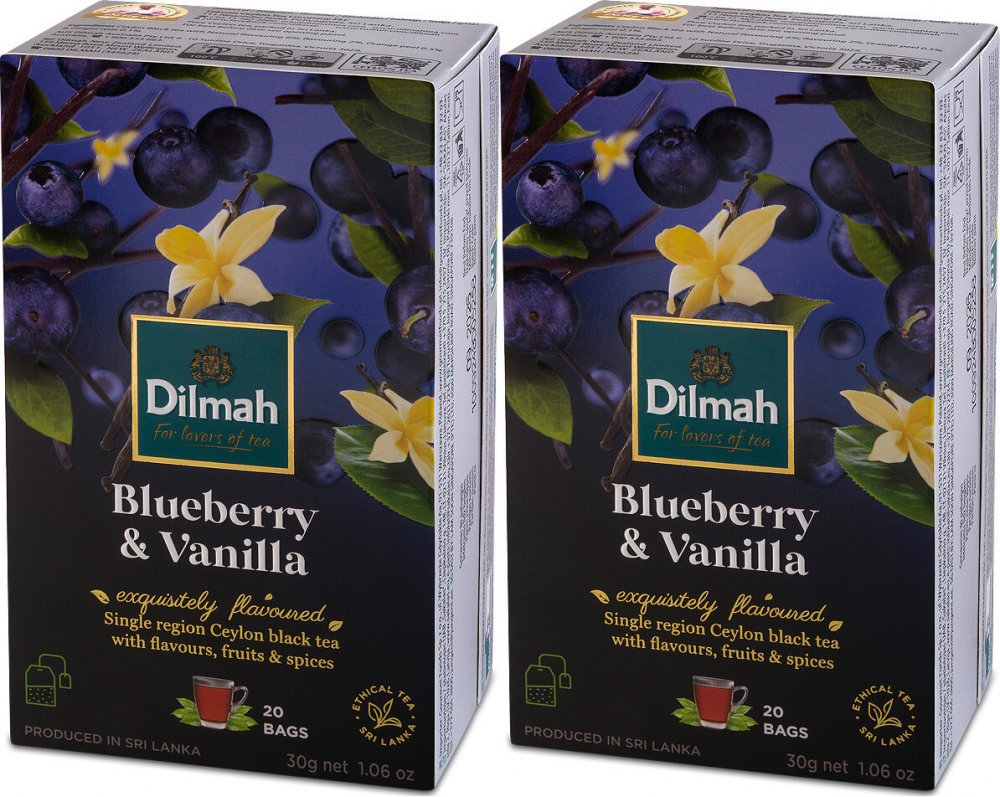 2x herbata czarna aromatyzowana w torebkach Dilmah, jagoda i wanilia, 20 sztuk x 1.5g