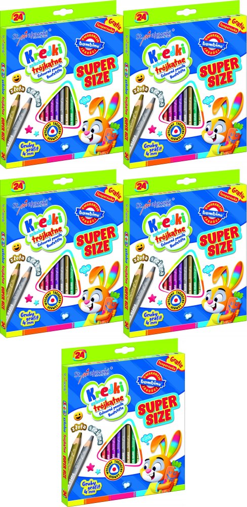 5x Kredki Bambino Super Size Zwierzaki Uczniaki, trójkątne, 24 sztuki + temperówka, mix kolorów