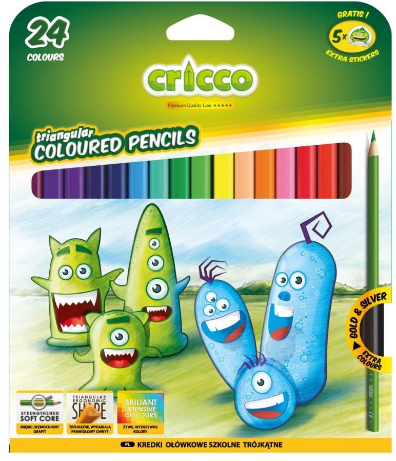 Kredki ołówkowe trójkątne Cricco, 24 kolory