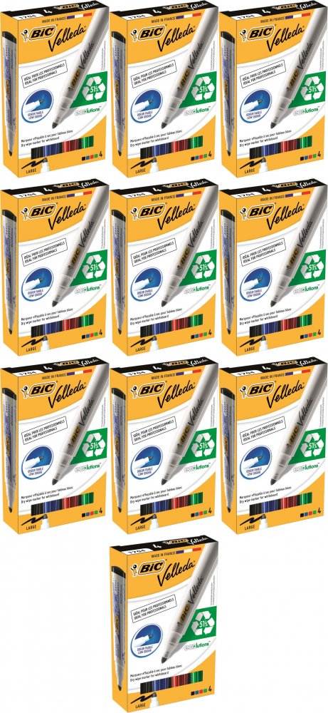 10x Marker suchościeralny Bic, Velleda, okrągła, 4 sztuki, 4.95mm, mix kolorów