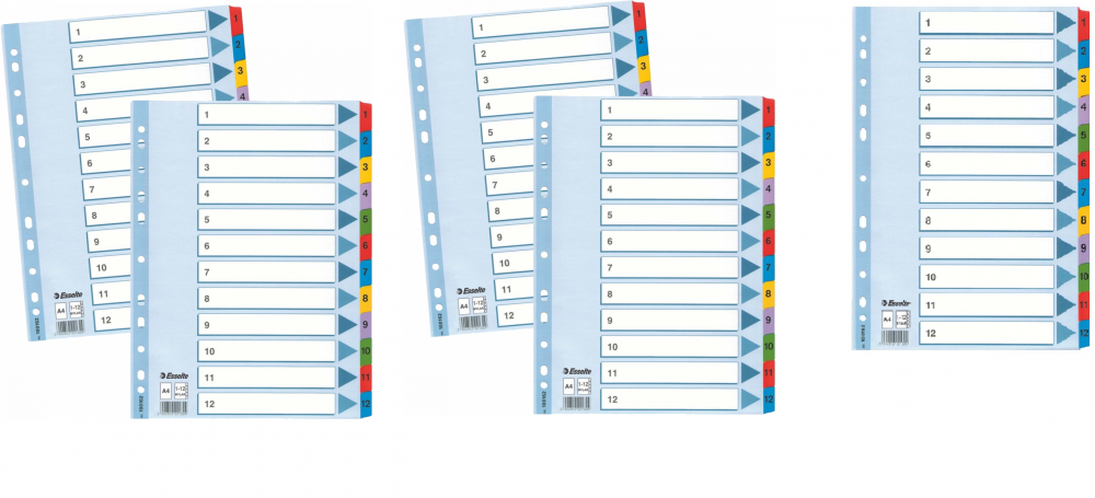 5x Przekładki do segregatora Esselte Mylar, kartonowe, numeryczne, A4, 1-12 kart, mix kolorów