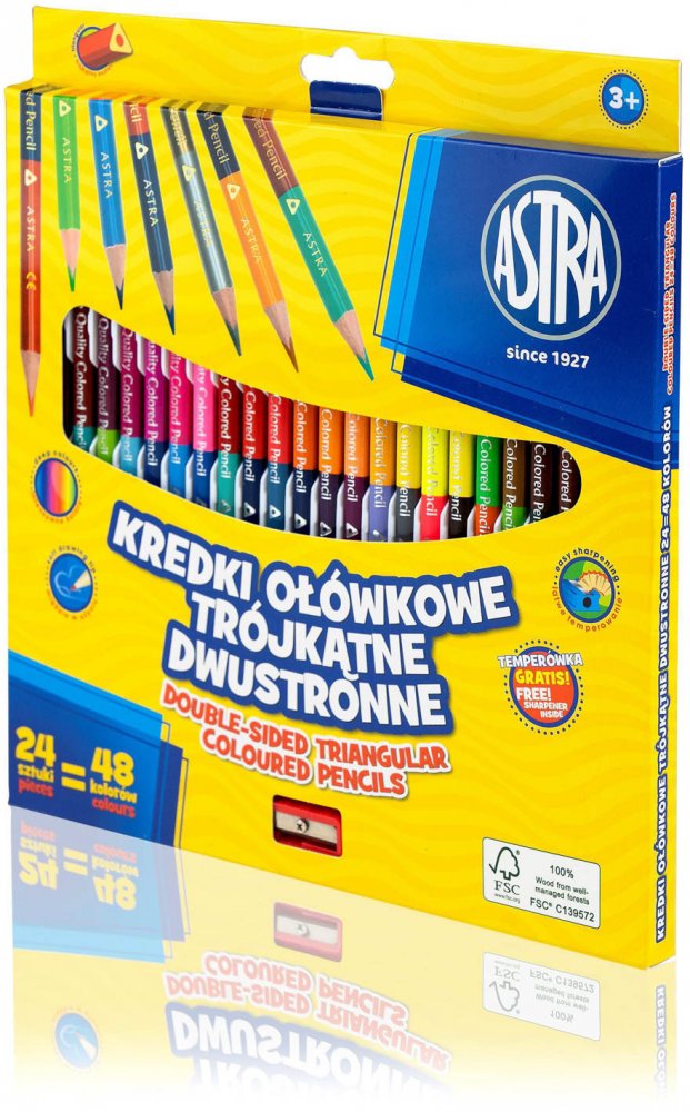 Kredki ołówkowe dwustronne Astra, trójkątne, 24 sztuki (48 kolorów) + temperówka, mix kolorów