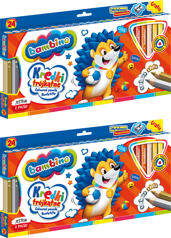 2x Kredki Bambino Zwierzaki Uczniaki, w oprawie drewnianej, trójkątne, 24 sztuki + temperówka, mix kolorów