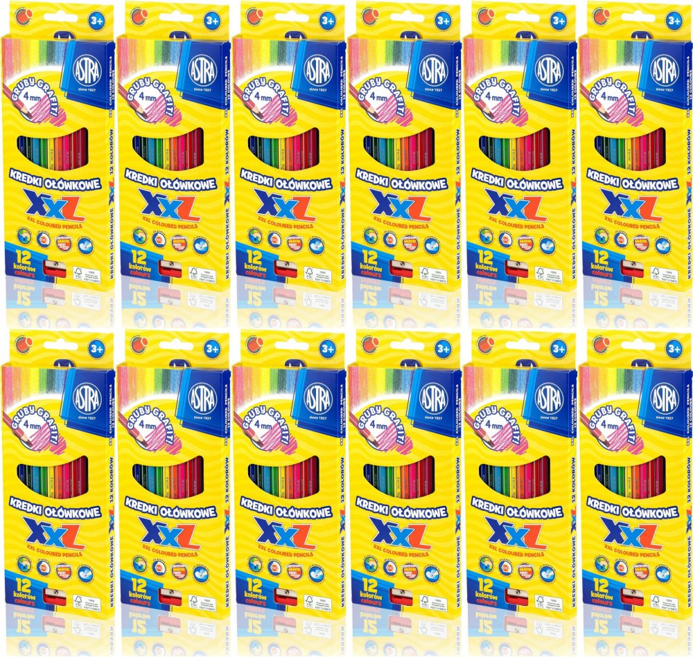 12x Kredki ołówkowe Astra XXL, hexagonalne, 12 sztuk + temperówka, mix kolorów