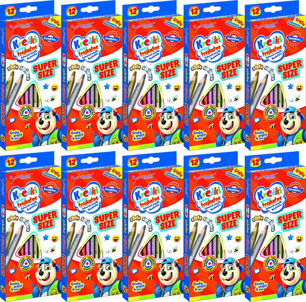 10x Kredki Bambino Super Size Zwierzaki Uczniaki, trójkątne, 12 sztuk + temperówka, mix kolorów