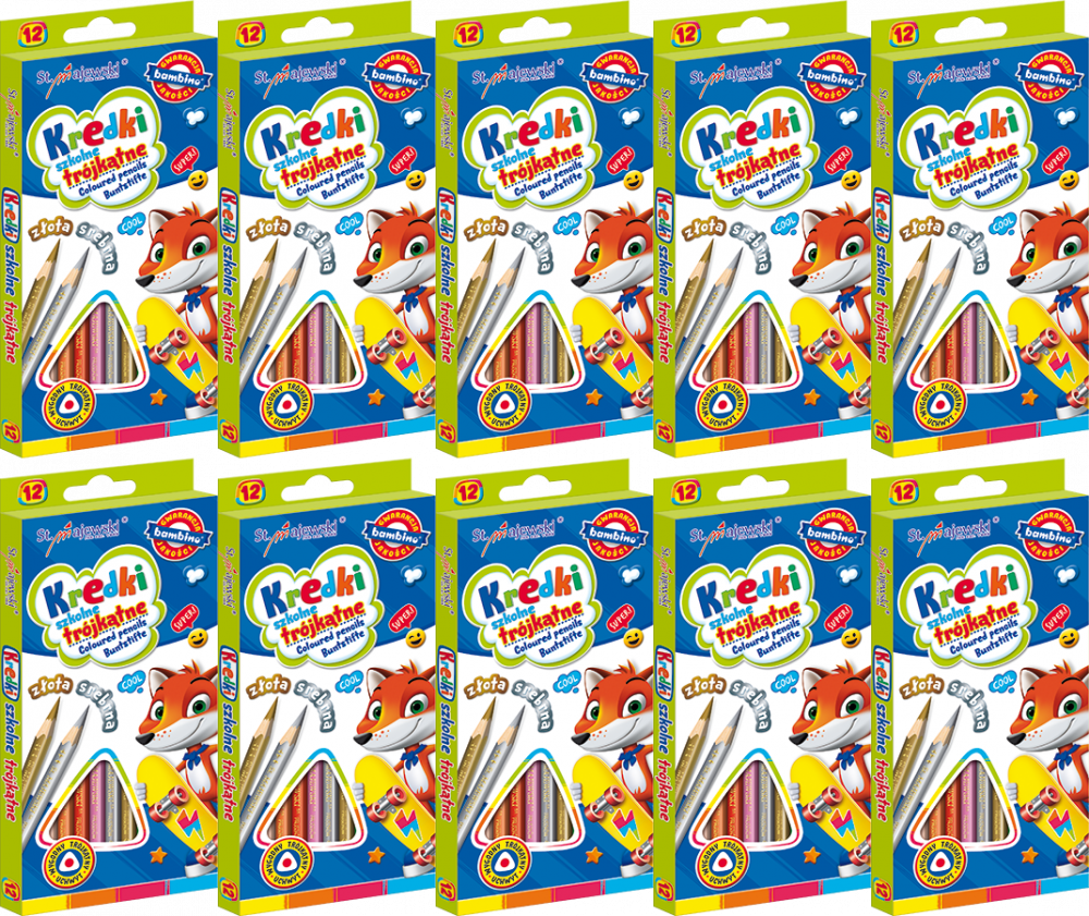 10x Kredki ołówkowe Bambino Zwierzaki Uczniaki, w oprawie drewnianej, trójkątne, 12 sztuk, mix kolorów