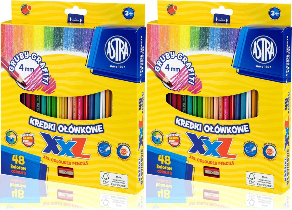 2x Kredki ołówkowe Astra, heksagonalne, gruby grafit, 48 kolorów + temperówka