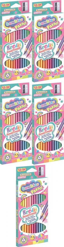 5x Kredki Bambino Pastel, dwustronne, trójkątne, 12 sztuk + temperówka, mix kolorów