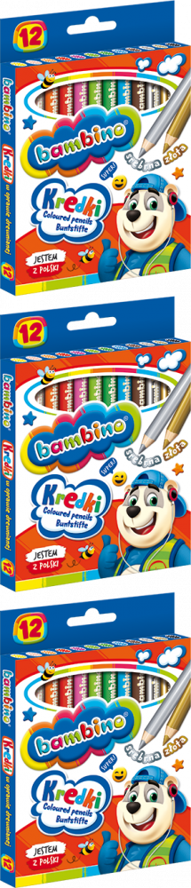 3x Kredki Bambino Zwierzaki Uczniaki, w oprawie drewnianej, 12 sztuk, mix kolorów