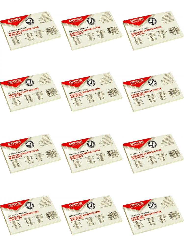 12x Karteczki samoprzylepne Office Products, 127x76mm, 100 karteczek, jasnożółty pastelowy