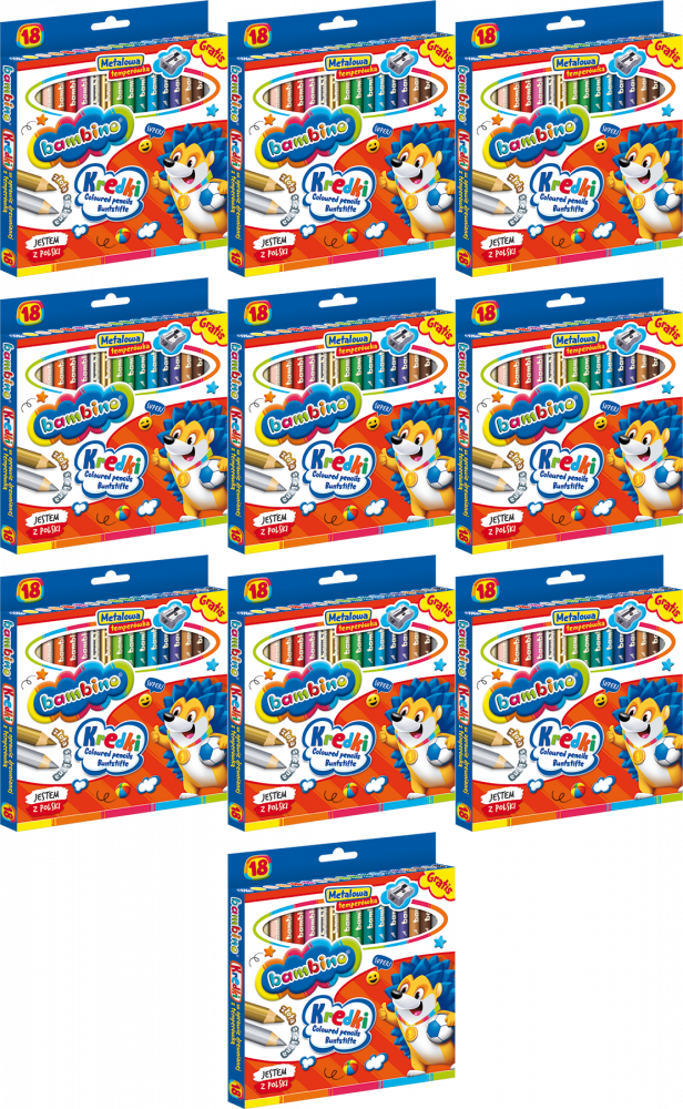 10x Kredki Bambino Zwierzaki Uczniaki, w oprawie drewnianej, 18 sztuk + temperówka, mix kolorów