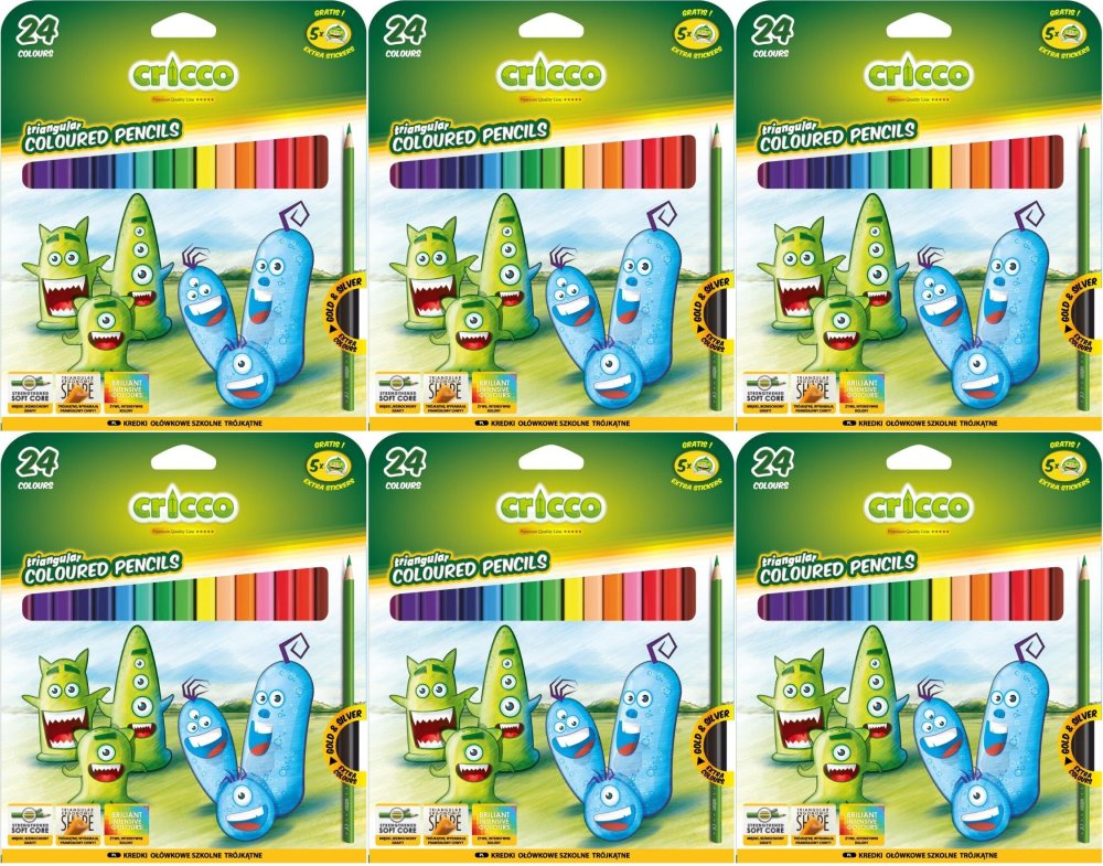 6x Kredki ołówkowe trójkątne Cricco, 24 kolory
