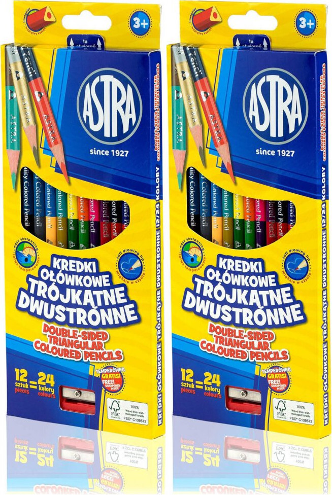 2x Kredki ołówkowe dwustronne Astra, trójkątne, 12 sztuk (24 kolory) + temperówka, mix kolorów