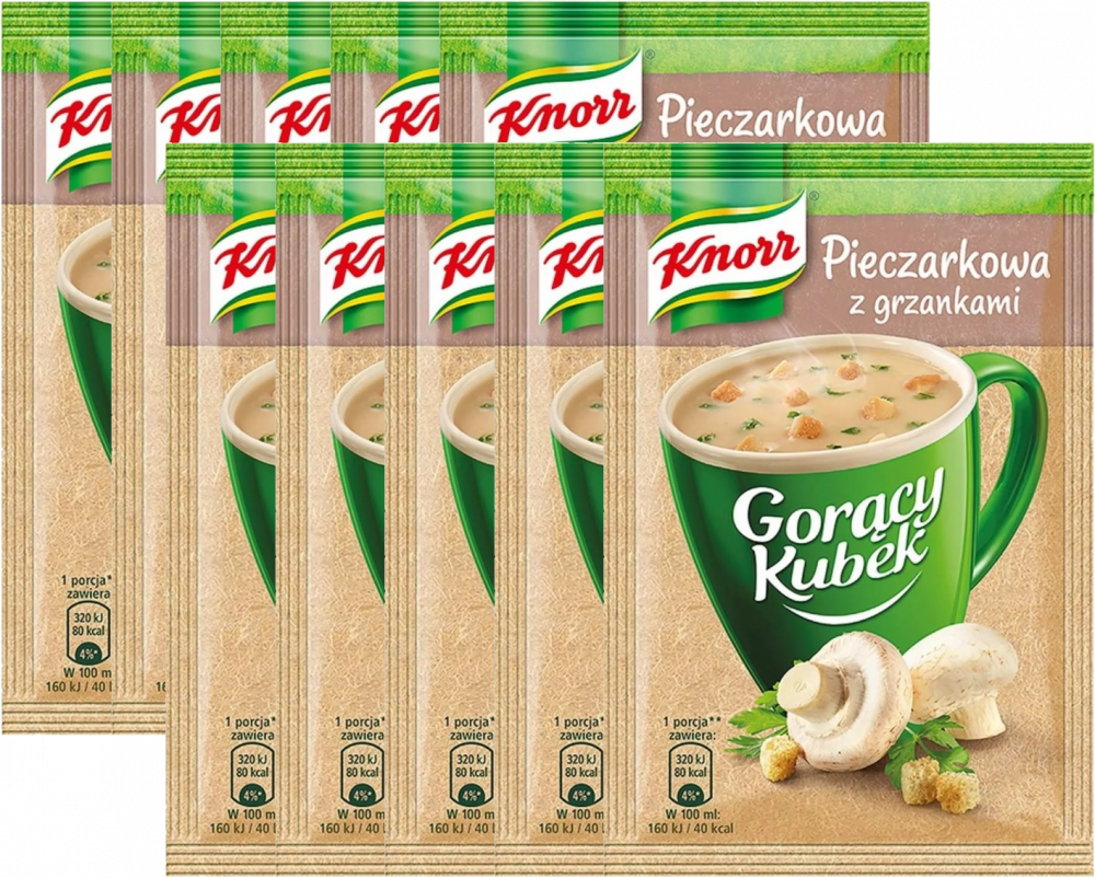 10x Zupa Knorr Gorący Kubek, pieczarkowa z grzankami, 15g