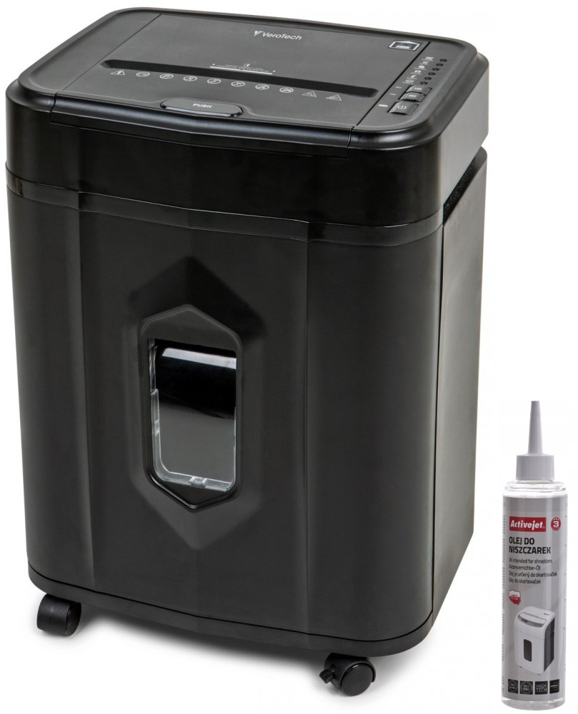 Zestaw Niszczarka automatyczna VeroTech VS-120AF, ścinek 4x12mm, 120 kartek, P-4/T-4 DIN, czarny + Olej do niszczarek Activejet ASO-250, 250ml