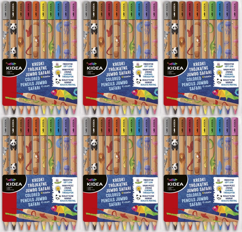 6x Kredki ołówkowe Kidea Jumbo Safari, trójkątne, 10 sztuk, mix kolorów